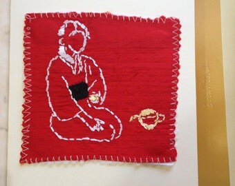 Tea ceremony on Silk embroidery, Zen embroidery in a card, woman with tea on red dupioni silk, 5 x 7 card, a cup of tea, embroidered card