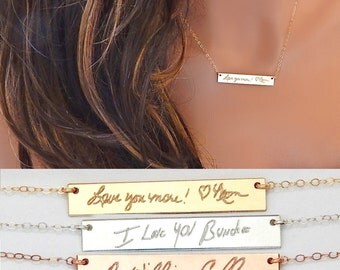 Handwriting Necklace • Family Keepsake • Custom Personalized Engraved Signature • Personalized Memorial Handwriting Bar • Girlfriend Gift