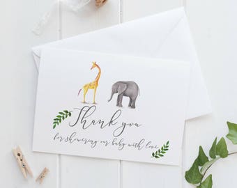 Baby Shower Thank You Cards, Giraffe Baby Shower , Gender Neutral Baby Shower, Giraffe Invitation, Elephant Baby Shower, Jungle Baby Shower