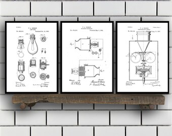 Thomas Edison Patent Prints - Set of 3 - Light bulb Patent, Thomas Edison Poster, Thomas Edison Blueprint, Thomas Edison art