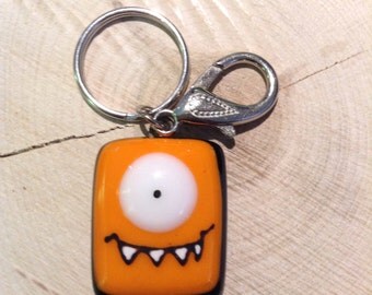 Keychain cute teal monster, handmade fused glass , acessories key holder women , teans, men