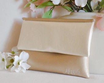 Gold monogram clutch - bridesmaid gift - personalized leather purse - ivory bridesmaid clutch - clutch purse - color block fold over clutch