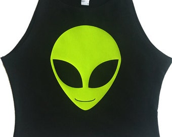 Alien Crop Top Black Cropped Tee Grunge UFO Wifi