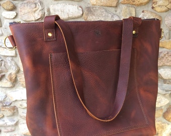 Leather Zip Top Tote with removable crossbody strap and pockets, diaper bag, diaper tote, leather handbag