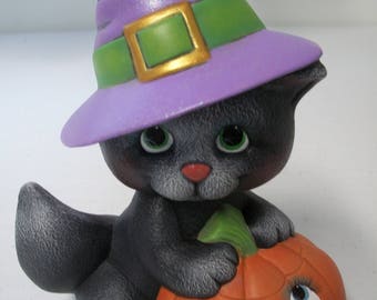 Ceramic Witch Kitty Pumpkin Halloween Decoration