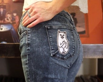 Give Em The Bird: Vintage Distressed Wash Denim Levi's F U Middle Finger Kitty Cat Skinny Jeans