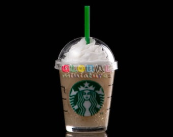 Dollhouse Miniatures Clear Plastic Glass of Starbucks Cappuccino Cream Frappe Closed with Dome Cap and Straw Drinks Coffee - 1:12 Scale