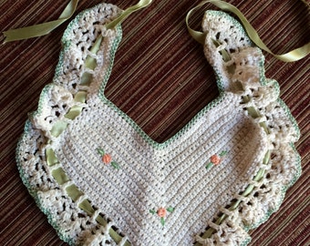 Embroider Baby Bib,Crochet Baby Bib,Handmade Bib,Rose Baby Bib,Flower Baby Bib,Handknit Baby Bib,Delicate Baby Bib,Pastel Baby Bib,Ivory Bib
