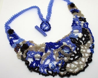 Freeform beaded necklace, beadwork, handmade, Boho necklace, statement necklace, Blue, Choker, gift for her