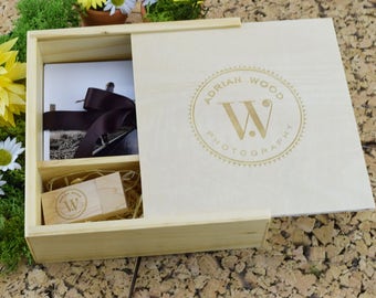 1 Wooden Block USB 3.0 & Large Wooden Photo Prints USB Gift Box - Engraved with Your Personalised Logo