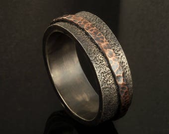 Rustic Men's wedding Band, Men's Wedding Ring, Silver Copper Ring, Wide Men Wedding Band, 10 mm Ring, Men's Rustic Ring, Men's Gift, RS-1221