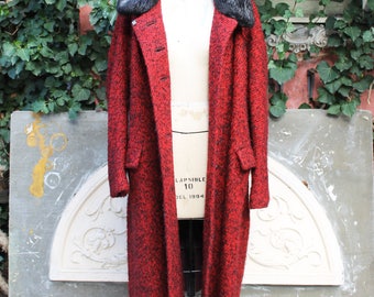 Long Wool Coat with Fur Collar, Black & Red Woven