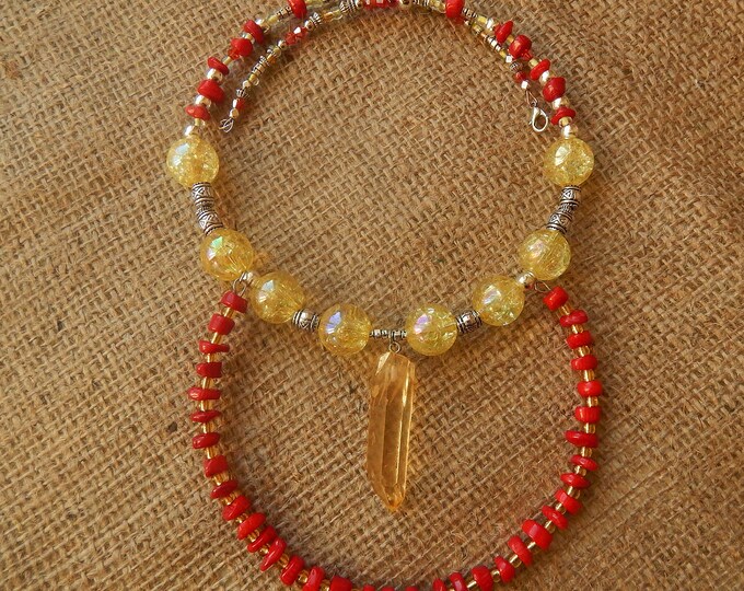 Natural red coral necklace, quartz necklace, crystal necklace, ethnic tribal boho necklace, designer bohemian necklace, festival jewelry
