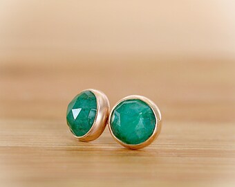 Natural Emerald Earrings, Emerald Stud Earrings, Rose Cut Green Gemstone Posts, May Birthstone: Sterling Silver 14k Gold Filled 6mm 8mm 10mm