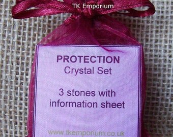 Protection Crystal Set includes 3 stones, helpful information and Organza Bag / Black Obsidian Gold Tigers Eye Smoky Quartz
