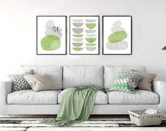 Mid century, abstract, triptych wall art. Greenery and gray scandinavian decor. Minimalist, hygge printable home decor. Set of three prints.