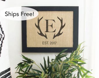 Deer Antler Wall Decor Monogram | Burlap Housewarming Gift | Dining Room Sign Lodge Lakehouse Sign | Rustic Burlap Prints | Farmhouse Signs