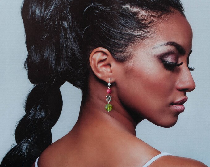 Green quartz earrings, Pink agate earrings, Red agate earrings, Red and green earrings, Clear quartz earrings