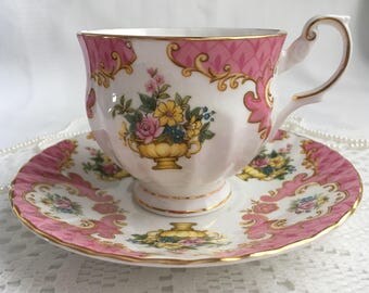 Reserved Rosina Bone China Tea Cup and Saucer, Pink with Floral and Gold Trim