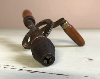 SALE: French Vintage Hand Drill / Antique Tools / Hand Crank Metal and Wood Handle Manual Drill Screw Driver / Vintage Eggbeater Screwdriver