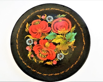 Russian Plate, Khokhloma Painted Wood Plate, Black Floral Lacquered Wood Tray, Russian Tole Folk Art, Round Wall Art