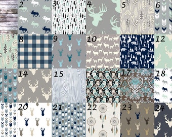 Woodland Baby Bedding-fitted crib sheet, changing pad cover, crib skirt, crib bumper, boppy cover grey navy mint arrows feathers deer rustic