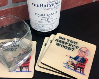 Set of 4 "Do You Respect Wood?" Larry David Inspired Curb Your Enthusiasm Inspired Coasters, Wood Drink Coasters in Color Seinfeld