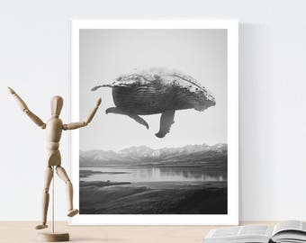 Black and white wall art, whale print, scandinavian wall art, scandinavian print, minimalist print, landscape print, design poster, wall art