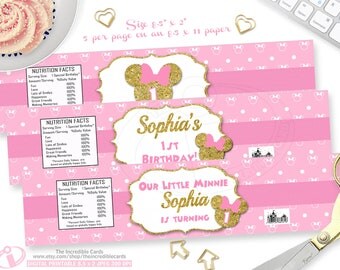 Pink and Gold Minnie Mouse water bottle label, Minnie Mouse printable JPEG, Pink and Gold Label, Minnie Mouse 1st Birthday, Printable DIY