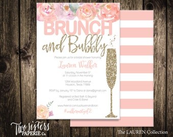 Floral Brunch and Bubbly Bridal Shower Invitation - LAUREN Collection - Brunch & Bubbly Invitation - Glitter Brunch and Bubbly Invitation