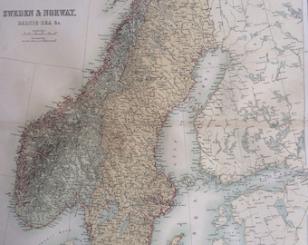 1859 SWEDEN and NORWAY extra large rare original antique A & C Black Map with inset map showing relative position and climate of Norway