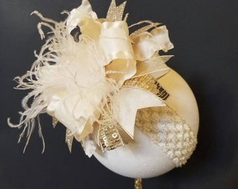Ivory And Gold Over The Top Boutique Hairbow Headband Ostrich Feather