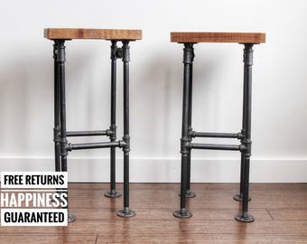 2 Industrial barstools with organic finish ⋆ solid wood barstools ⋆ rustic bar stool ⋆ barstool set ⋆ pipe bar stools ⋆industrial bar stool