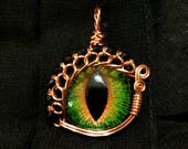 Hazel (Green/Brown) Hand-Painted Dragon Eye Pendant w/Copper & Black Beaded Wire Wrap (with Necklace)