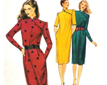 80s Style 2886 Modern Cheongsam Dresses with Side Yoke, Stand Collar & Two Sleeve Lengths, Uncut, Factory Folded, Sewing Pattern Size 14-16