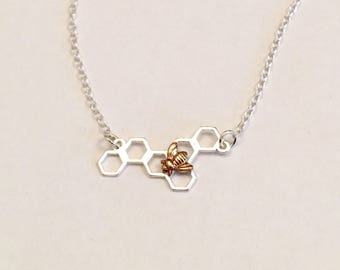 Honeycomb bee necklace, bumble bee necklace, silver honeybee necklace, modern wildlife jewelry, silver geometric jewellery