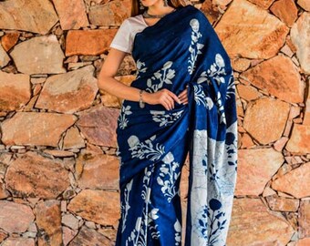 Indigo and White Block Print Designer Sarees