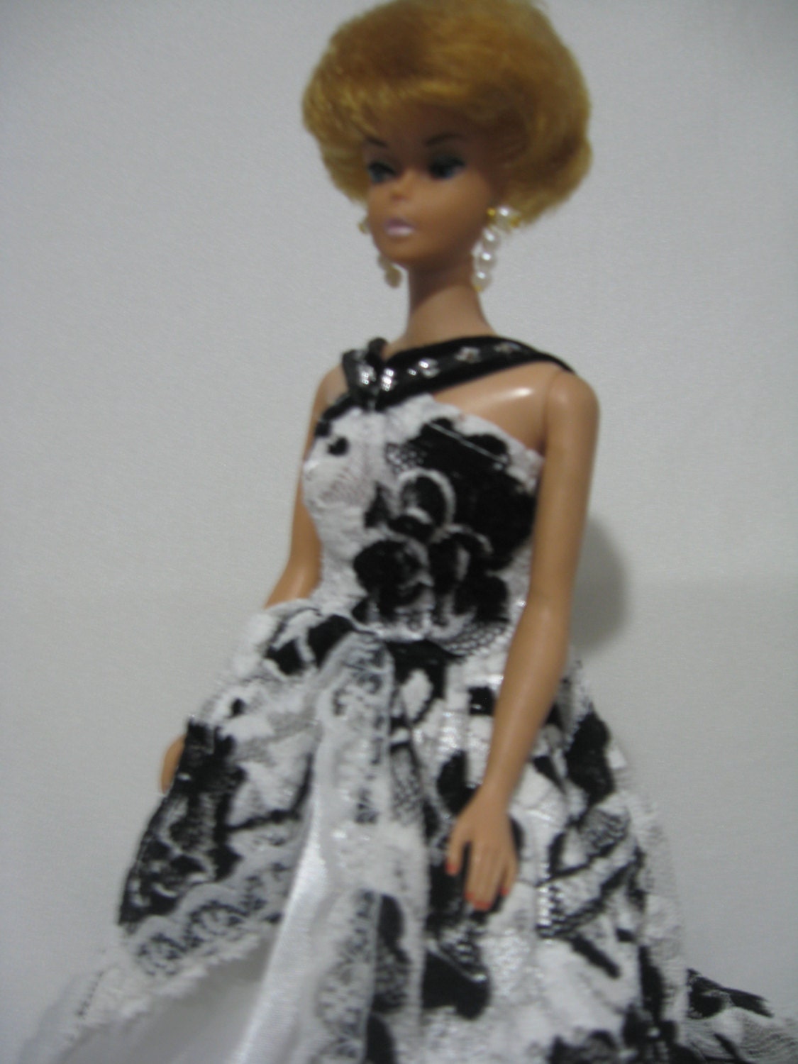 Barbie in White Satin Dress with Black Velvet Roses on Lace