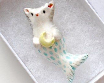 Mermaid Cat - merkitten - purrmaid With Moon Brooch Handmade Ceramic, Gold Dipped Safety Pin - In Gift Box -