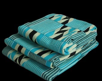 Kente Cloth Authentic African Fabric Handwoven Ghana Textile Turquoise Blue Cream Black Cotton SUMMER SAVINGS
