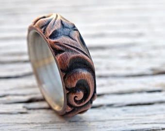 viking wedding ring copper leaf ring, medieval wedding band mens proposal ring, textured copper ring leaves, copper anniversary gift ring