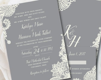 Lace Wedding Invitation, Grey Lace Wedding Invitation, Grey and Ivory Wedding, Vintage Wedding Invitation, Rustic Wedding Invitation, Lace