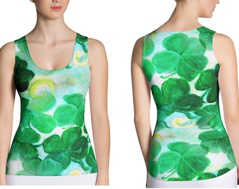 St Patrick's Day green clovers all over ladies tank top