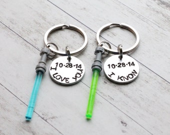 I Love You I Know Hand Stamped 3/4" Aluminum Keychain Set with Lightsaber Charm and personalized date, Star Wars Keychain, Couples Keychain