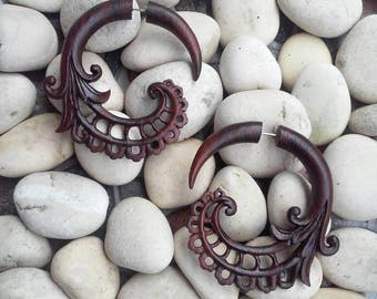 Fake Gauges, "Bean Tribal" Fake Gauge Earrings Hand Carved Earrings Faux Gauge Earrings Wooden Split Earrings Tribal Earrings Wooden Jewelry