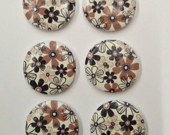Set of 6 Wooden Buttons "Flowers" 23mm - set di 6 bottoni di legno "Flowers" 23mm
