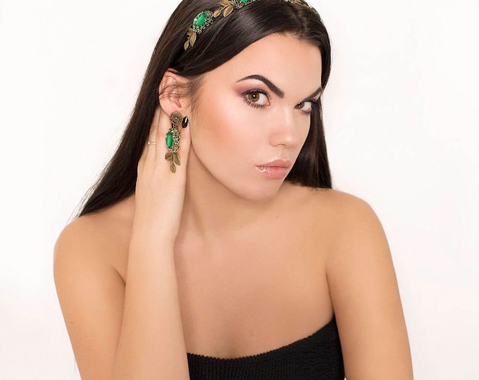 emerald green rhinestone bronze leaves crown baroque style Tiara Earrings Jewelry set elven wedding crystal headband dolce party gift green
