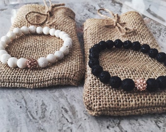 Couples/Relationship/Distance 8mm Natural Stone Beaded Bracelets, Rose Gold Shamballa, Lava and Coral Stone Couple Bracelet