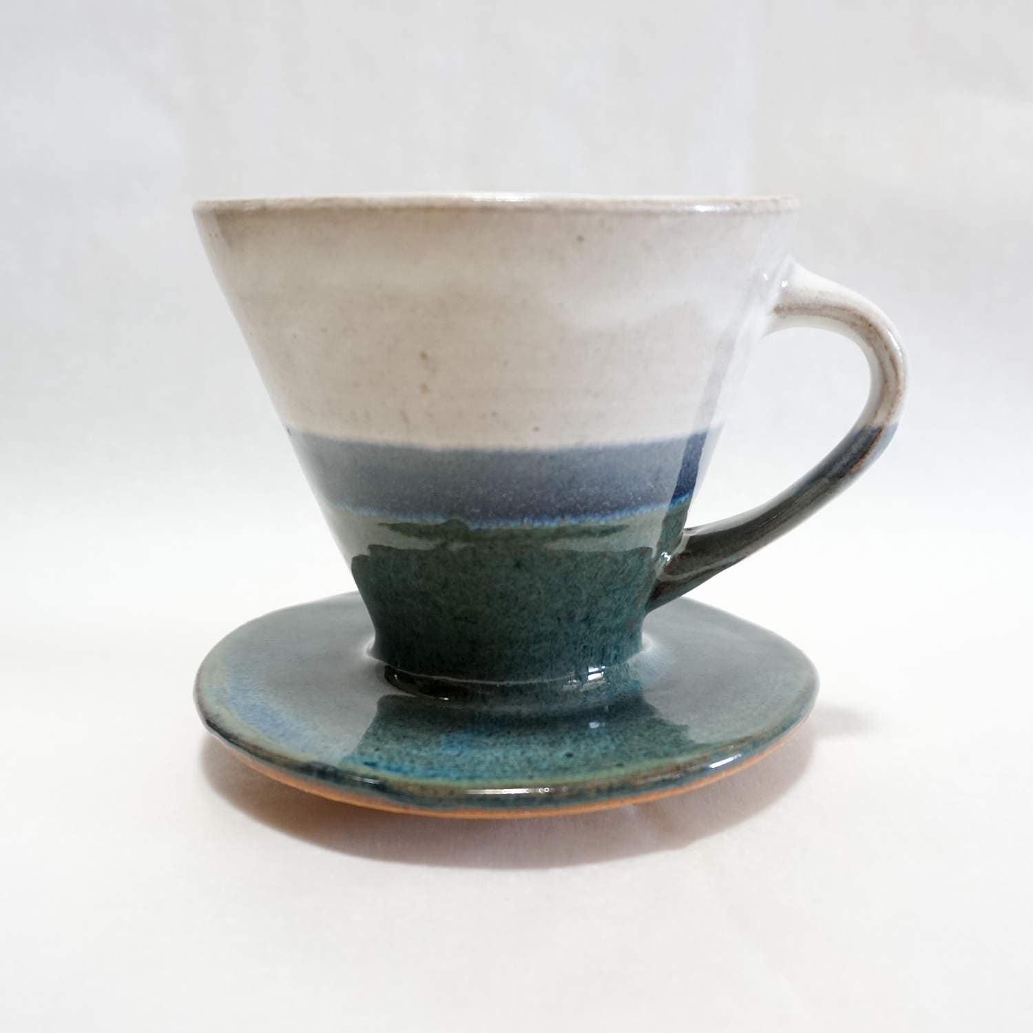 White and Blue Wheel-Thrown Pottery Ceramic Pour Over Coffee