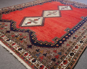 Afshar semi antique persian rug 7.1 x 4.9 ft / 215 x 145 cm Bohemian worn Boho Style vintage carpet